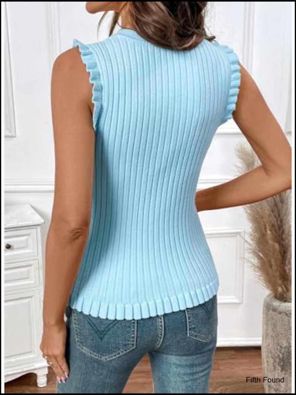 Slim Fitted Ruffle Hem Tank Top, Ribbed Knit Casual Summer Sleeveless - Picture 2 of 7